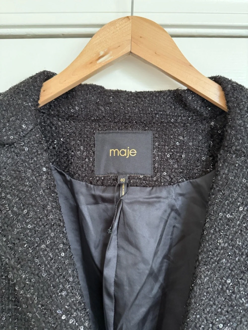 Maje Venatelli Blazer Black Sequined Tweed Double-Breasted Size Large (40) - Picture 6 of 8
